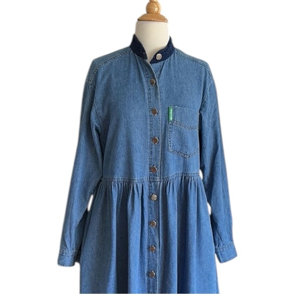 VINTAGE STUDIO 80s Denim MIDI Chore Dress Western Casual Prairie Pockets Size 8 - Picture 2 of 15